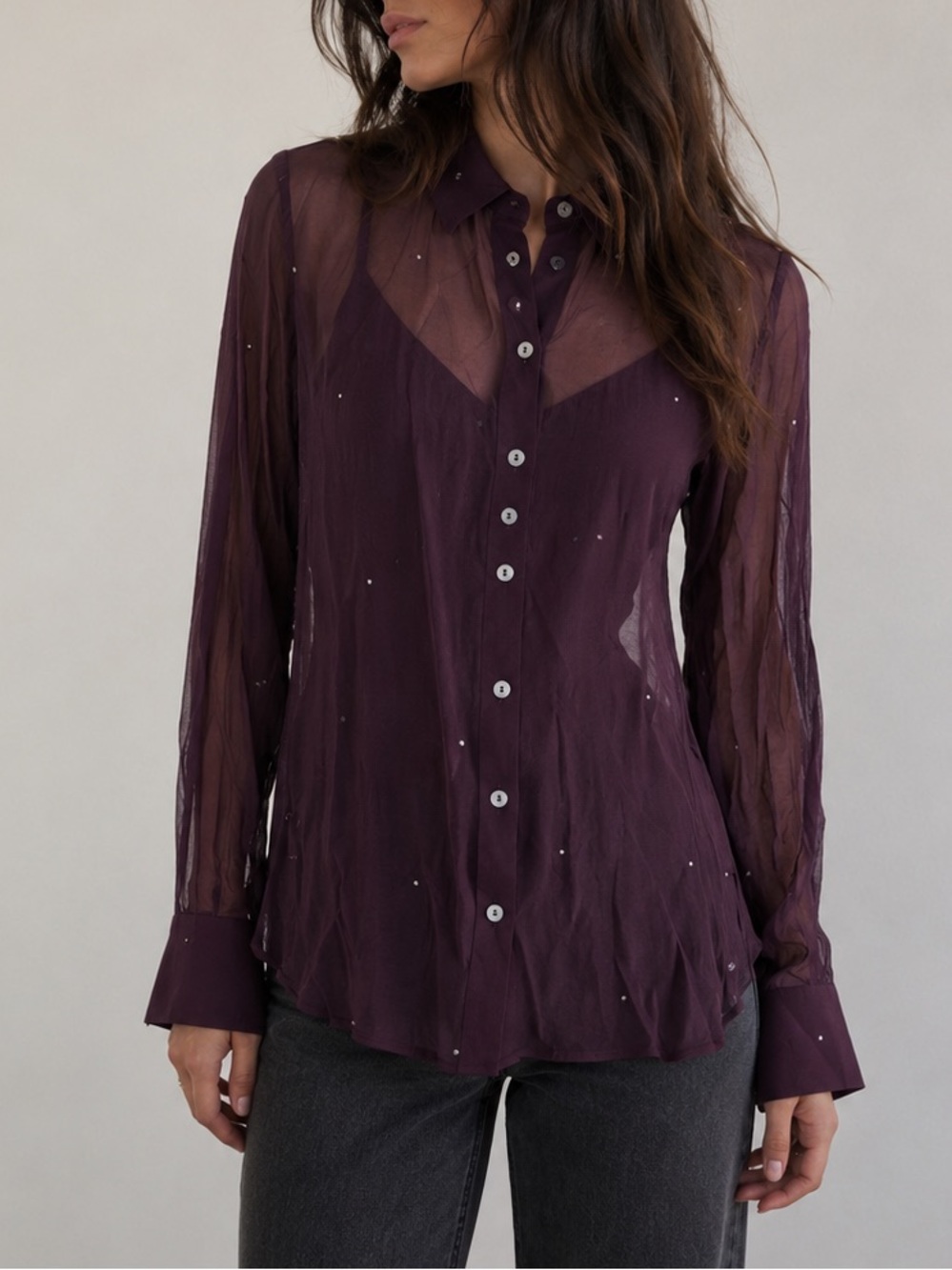 Bailey 44 Plum Sheer Rhinestone Button Blouse Medium Whimsigoth Fairy Grunge